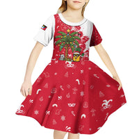 Antigua and Barbuda Christmas Kid Short Sleeve Dress with Santa Pineapple Palm Tree Parrot and Gift Design - Wonder Print Shop
