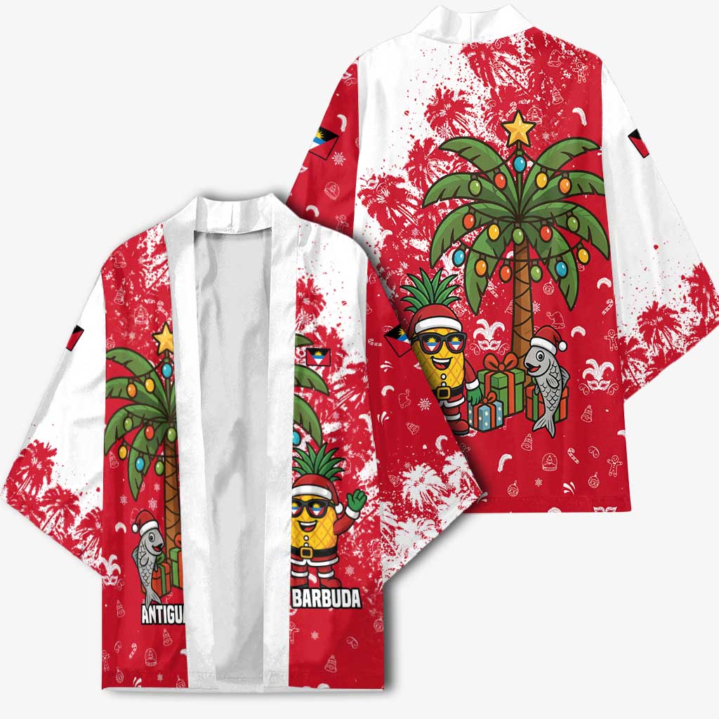 Antigua and Barbuda Christmas Kimono with Santa Pineapple Palm Tree Parrot and Gift Design - Wonder Print Shop