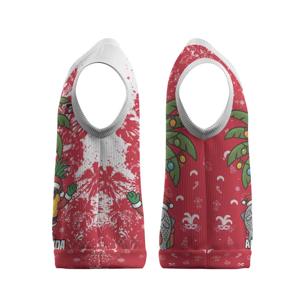 Antigua and Barbuda Christmas Knitted V-Neck Vest with Santa Pineapple Palm Tree Parrot and Gift Design - Wonder Print Shop