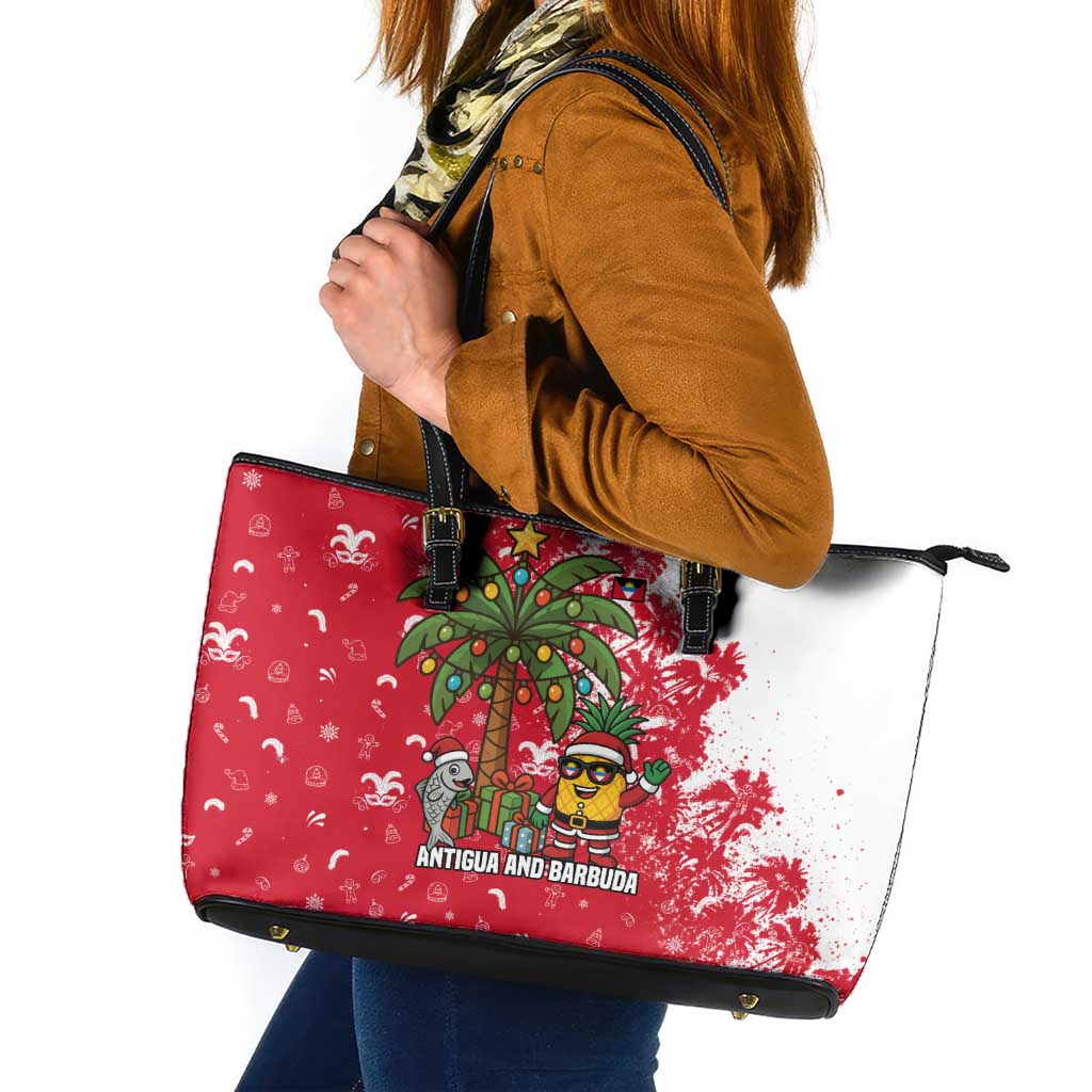 Antigua and Barbuda Christmas Leather Tote Bag with Santa Pineapple Palm Tree Parrot and Gift Design - Wonder Print Shop