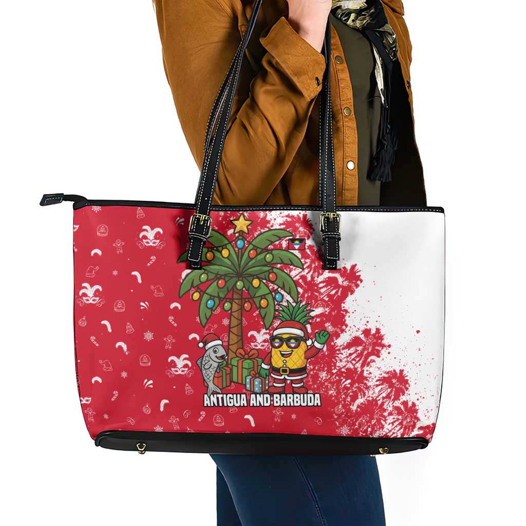 Antigua and Barbuda Christmas Leather Tote Bag with Santa Pineapple Palm Tree Parrot and Gift Design - Wonder Print Shop