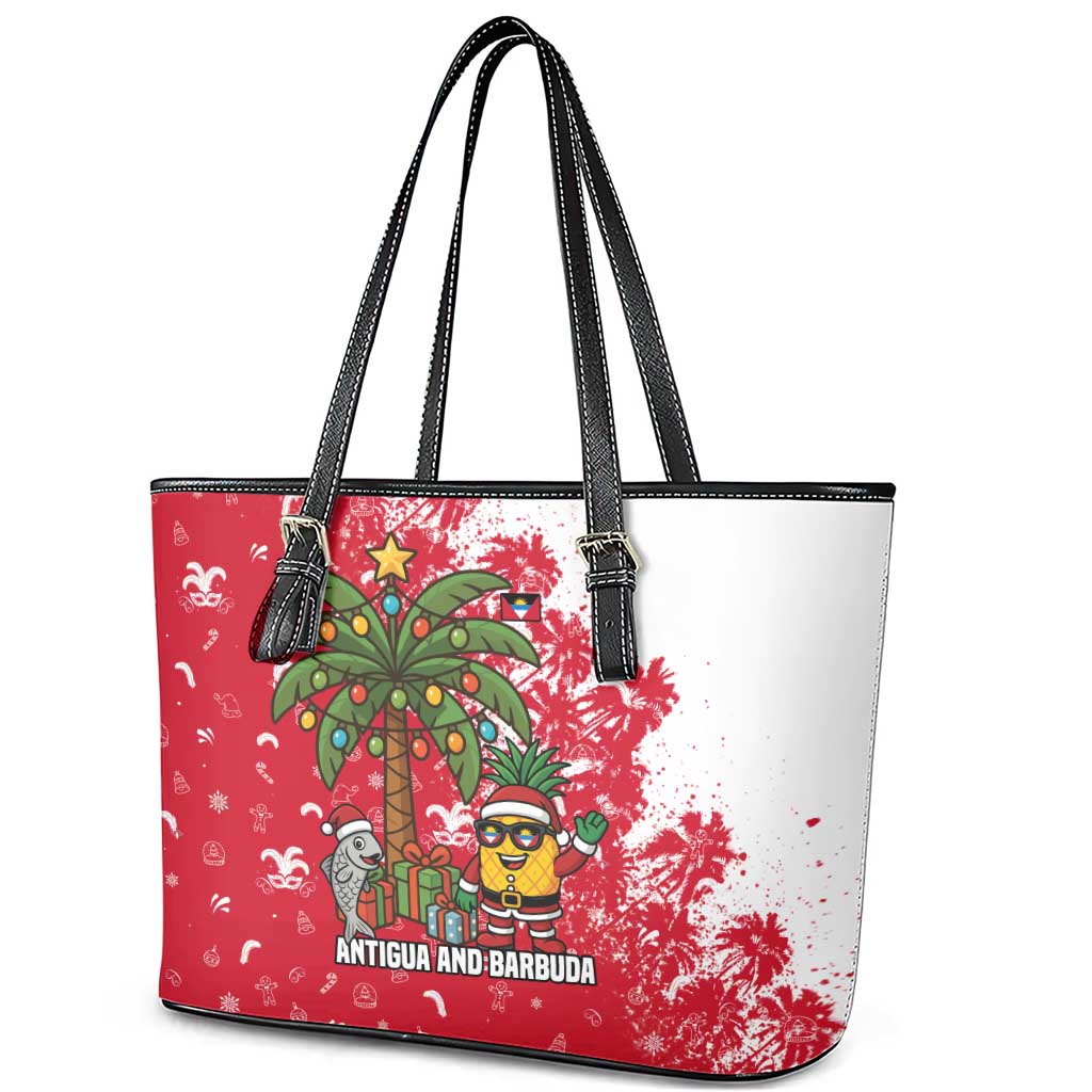 Antigua and Barbuda Christmas Leather Tote Bag with Santa Pineapple Palm Tree Parrot and Gift Design - Wonder Print Shop