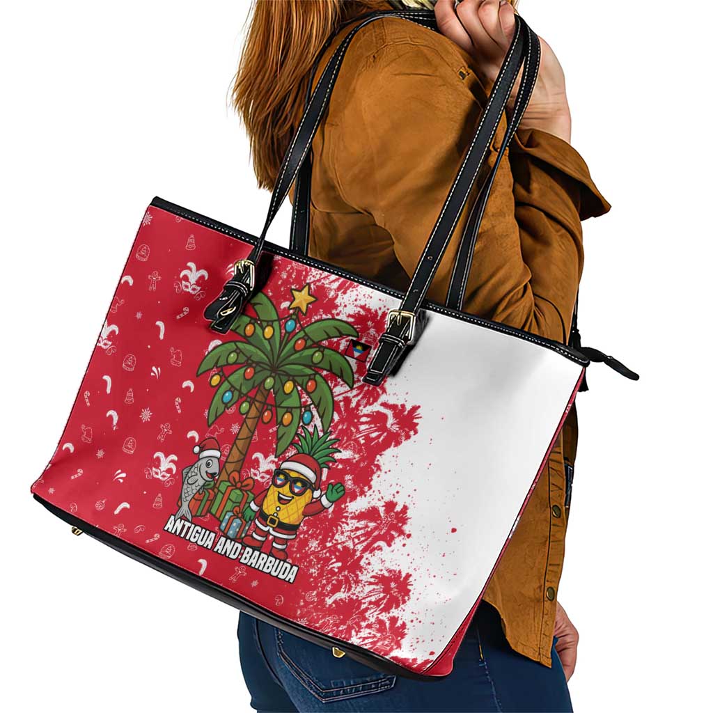 Antigua and Barbuda Christmas Leather Tote Bag with Santa Pineapple Palm Tree Parrot and Gift Design - Wonder Print Shop
