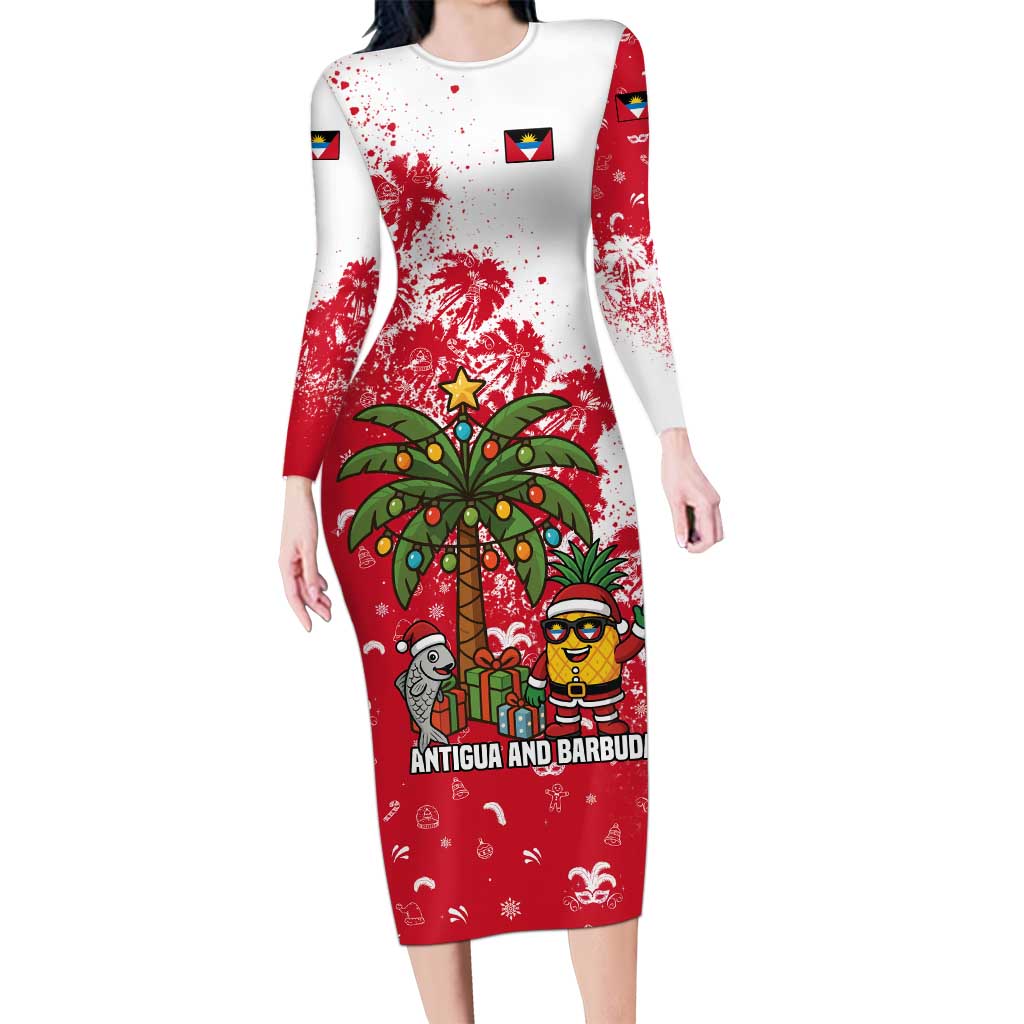 Antigua and Barbuda Christmas Long Sleeve Bodycon Dress with Santa Pineapple Palm Tree Parrot and Gift Design - Wonder Print Shop