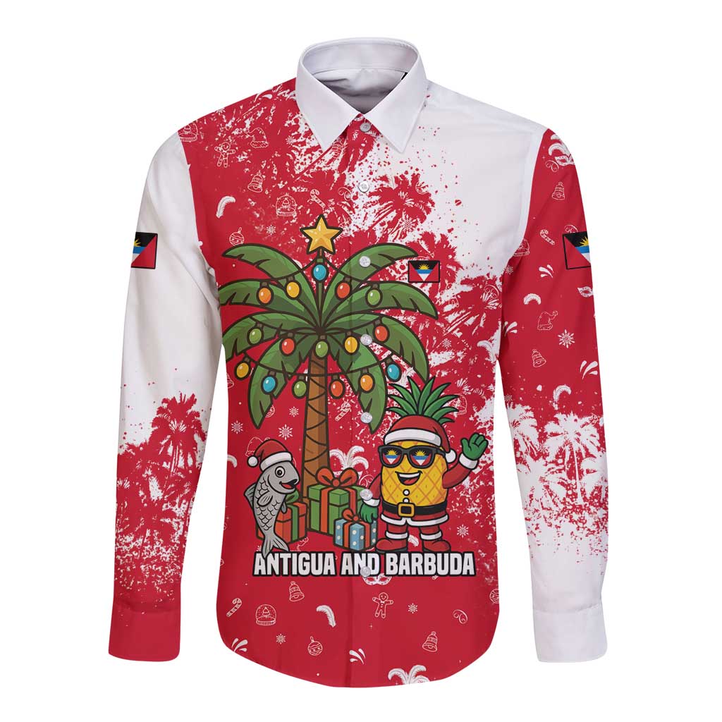 Antigua and Barbuda Christmas Long Sleeve Button Shirt with Santa Pineapple Palm Tree Parrot and Gift Design - Wonder Print Shop