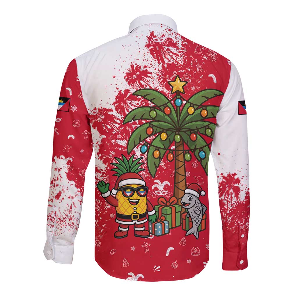 Antigua and Barbuda Christmas Long Sleeve Button Shirt with Santa Pineapple Palm Tree Parrot and Gift Design - Wonder Print Shop