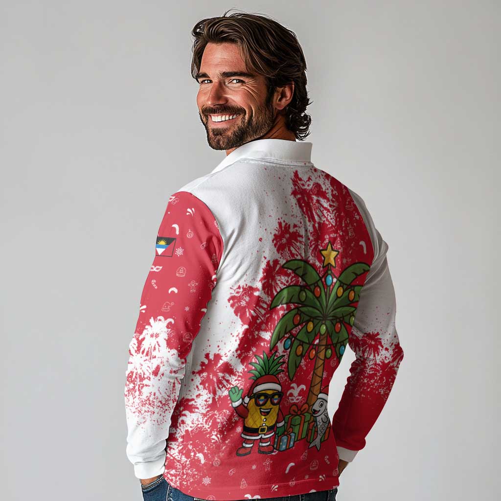Antigua and Barbuda Christmas Long Sleeve Polo Shirt with Santa Pineapple Palm Tree Parrot and Gift Design - Wonder Print Shop