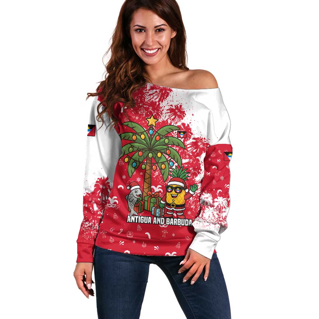 Antigua and Barbuda Christmas Off Shoulder Sweater with Santa Pineapple Palm Tree Parrot and Gift Design - Wonder Print Shop