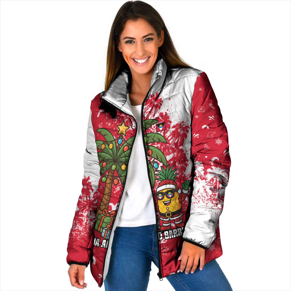 Antigua and Barbuda Christmas Padded Jacket with Santa Pineapple Palm Tree Parrot and Gift Design - Wonder Print Shop