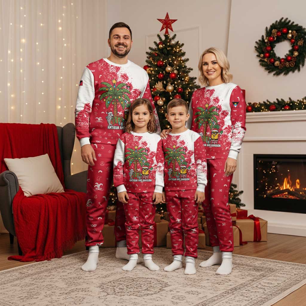 Antigua and Barbuda Christmas Pajama Set with Santa Pineapple Palm Tree Parrot and Gift Design - Wonder Print Shop