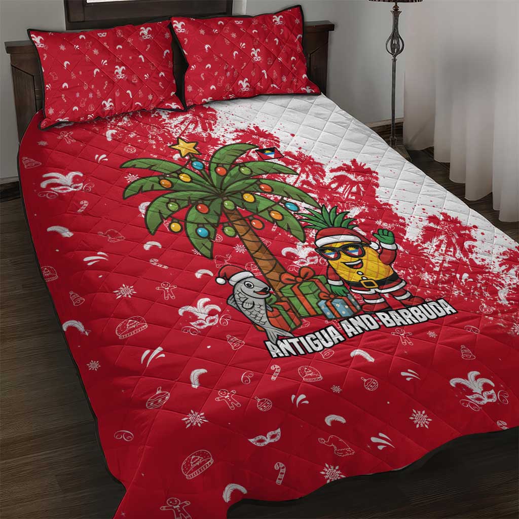 Antigua and Barbuda Christmas Quilt Bed Set with Santa Pineapple Palm Tree Parrot and Gift Design - Wonder Print Shop