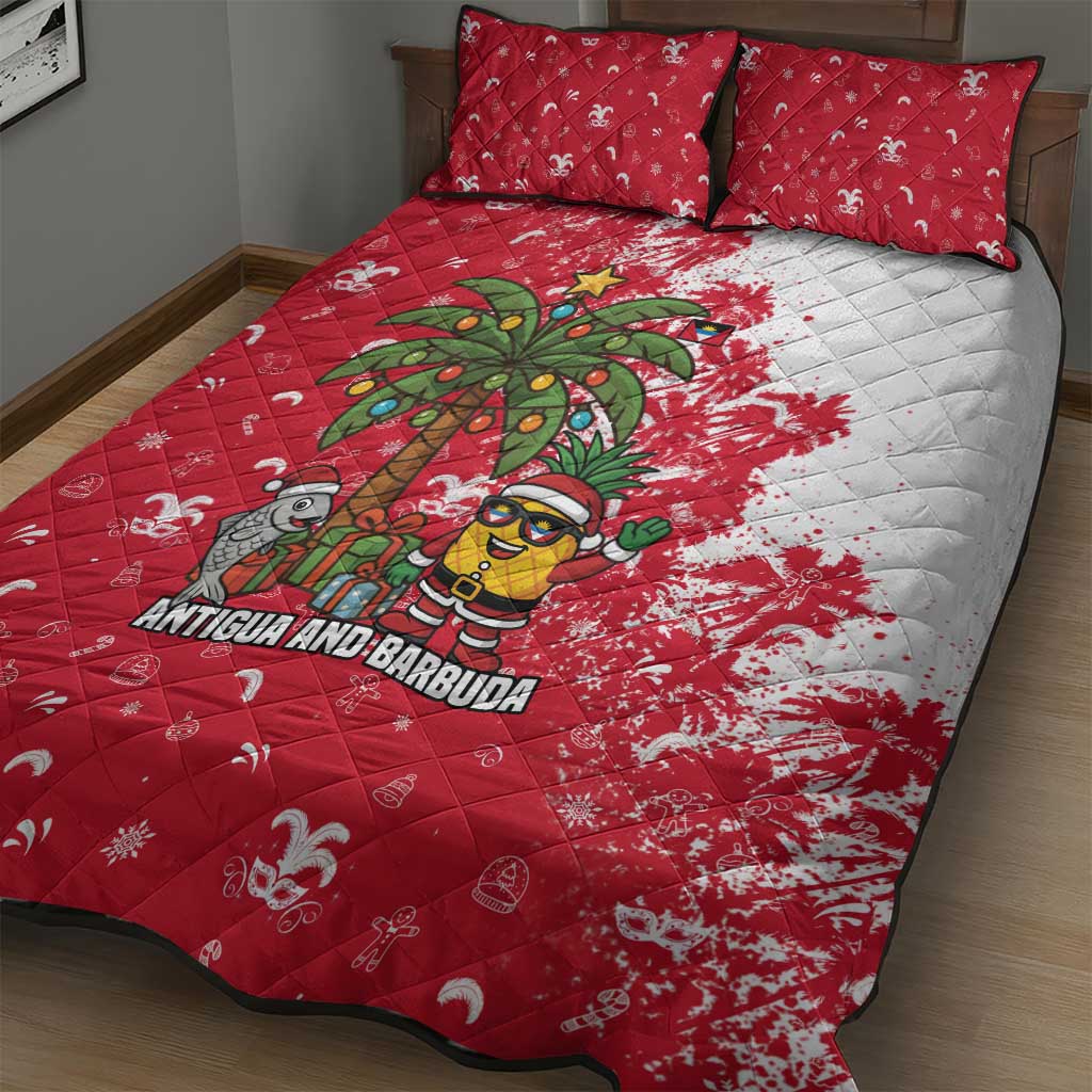 Antigua and Barbuda Christmas Quilt Bed Set with Santa Pineapple Palm Tree Parrot and Gift Design - Wonder Print Shop