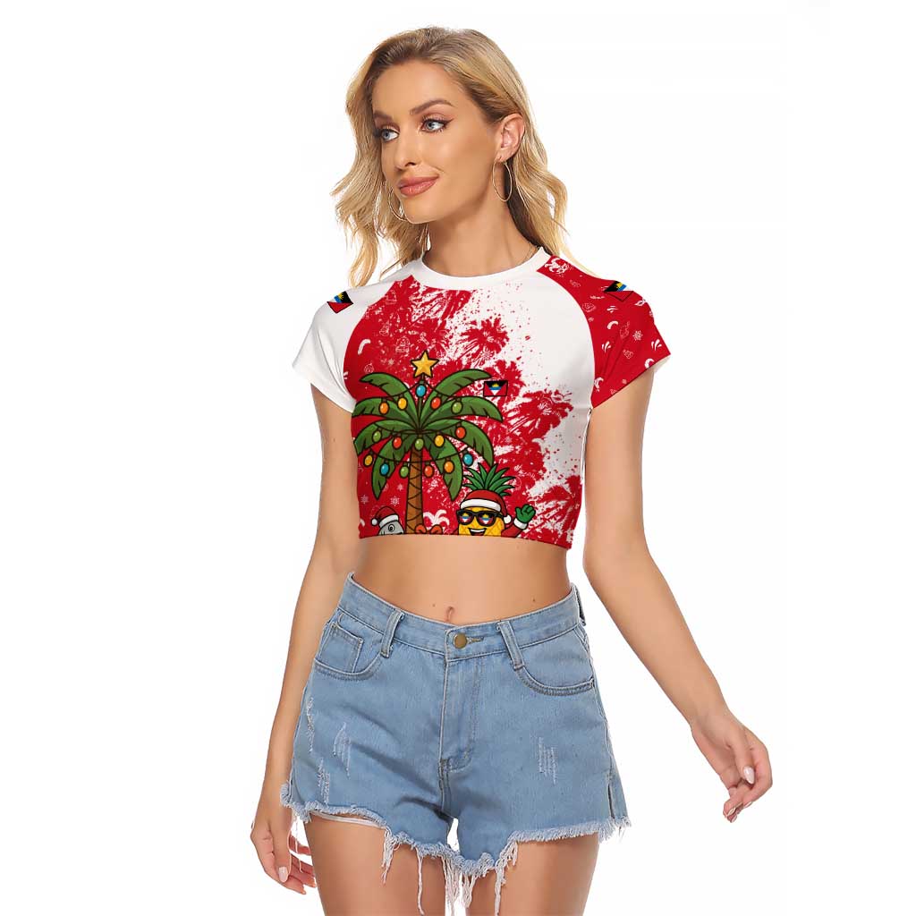 Antigua and Barbuda Christmas Raglan Cropped T Shirt with Santa Pineapple Palm Tree Parrot and Gift Design - Wonder Print Shop