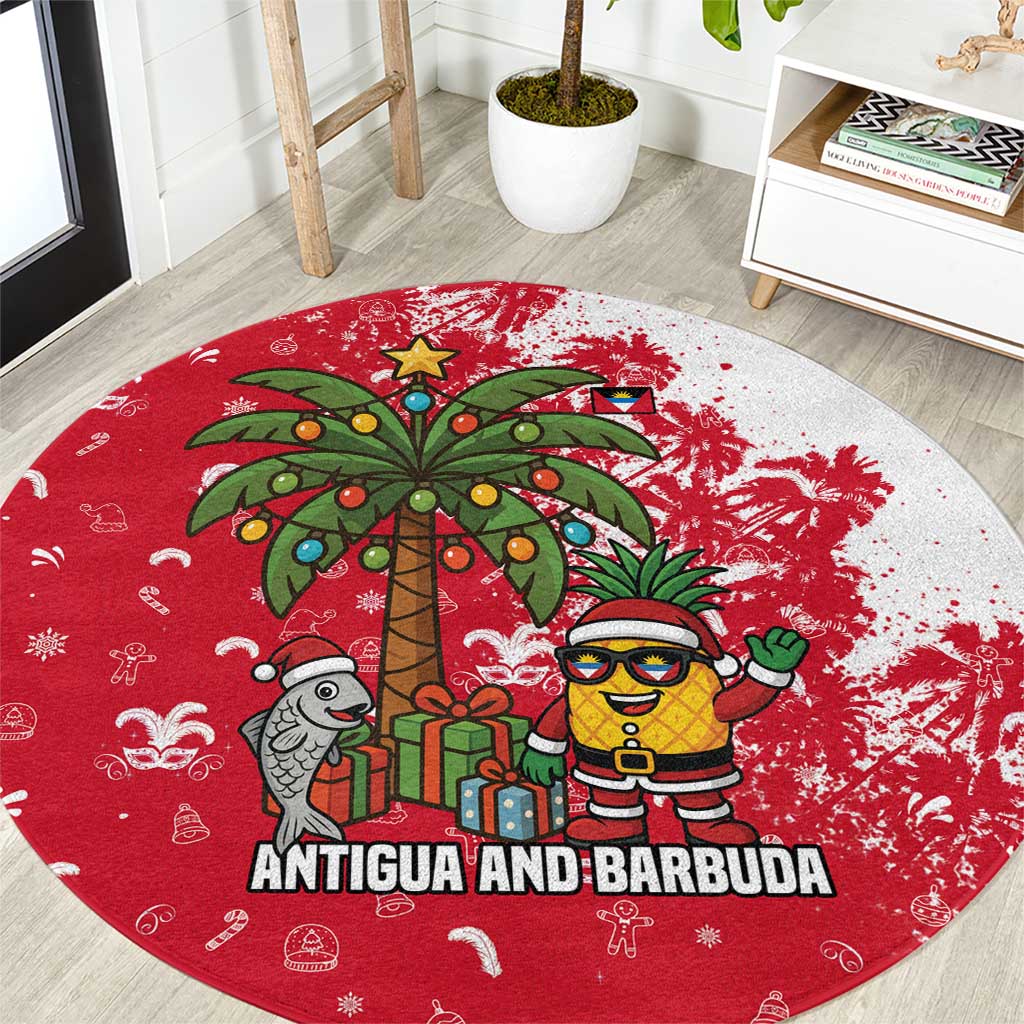 Antigua and Barbuda Christmas Round Carpet with Santa Pineapple Palm Tree Parrot and Gift Design - Wonder Print Shop