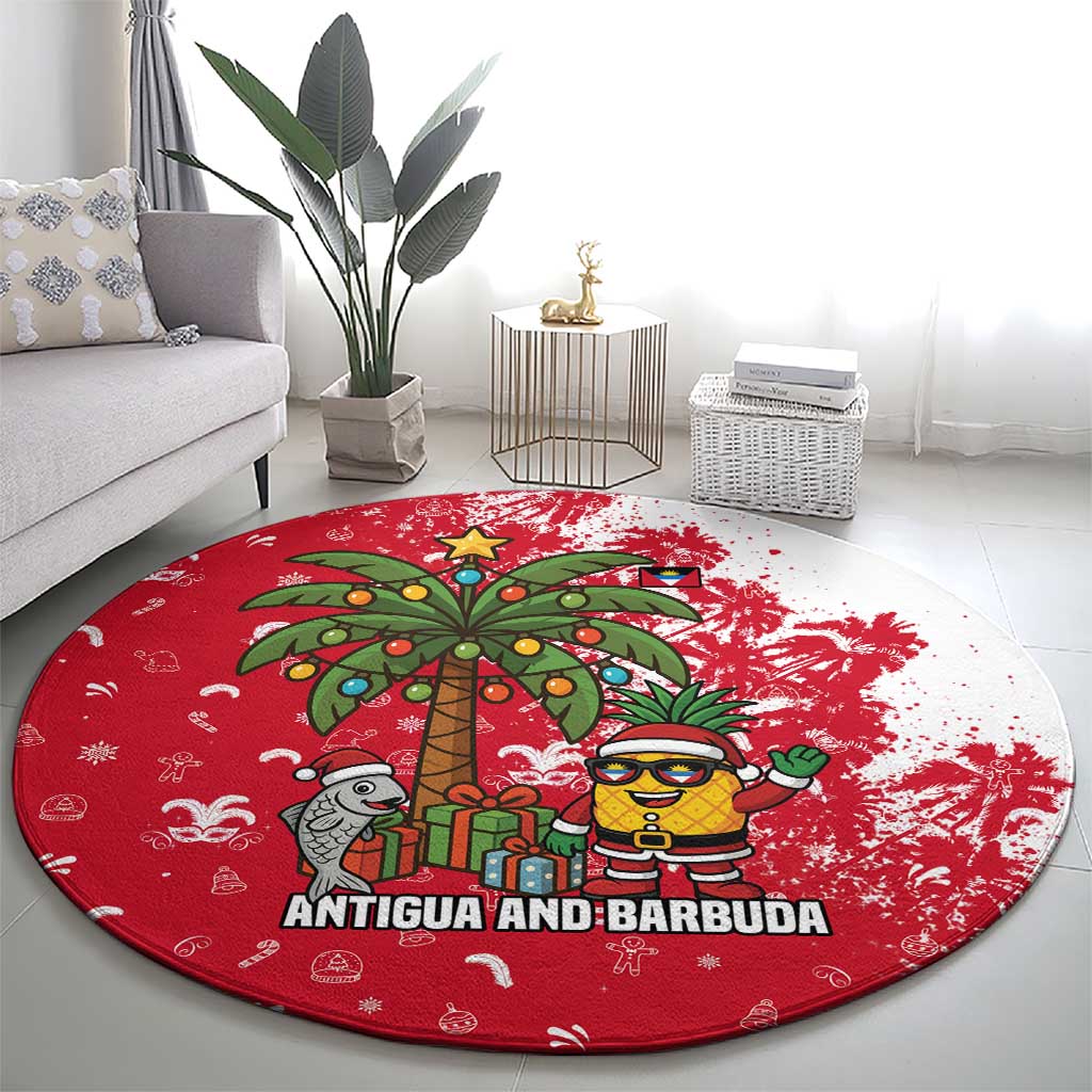 Antigua and Barbuda Christmas Round Carpet with Santa Pineapple Palm Tree Parrot and Gift Design - Wonder Print Shop