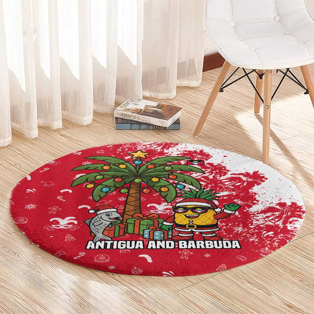 Antigua and Barbuda Christmas Round Carpet with Santa Pineapple Palm Tree Parrot and Gift Design - Wonder Print Shop