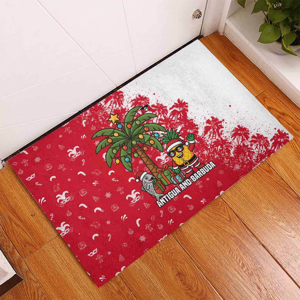 Antigua and Barbuda Christmas Rubber Doormat with Santa Pineapple Palm Tree Parrot and Gift Design - Wonder Print Shop