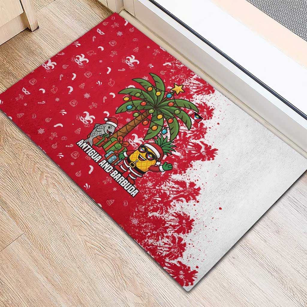 Antigua and Barbuda Christmas Rubber Doormat with Santa Pineapple Palm Tree Parrot and Gift Design - Wonder Print Shop