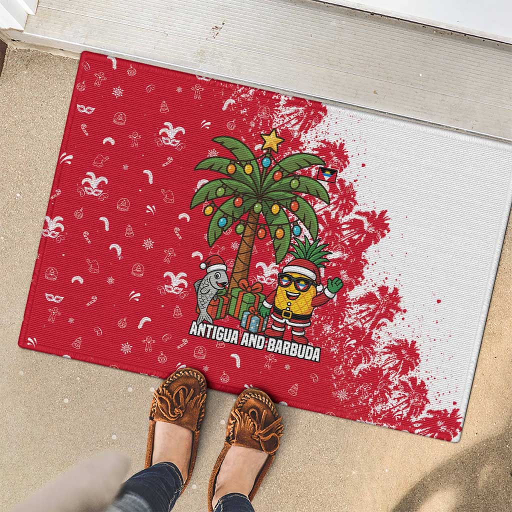 Antigua and Barbuda Christmas Rubber Doormat with Santa Pineapple Palm Tree Parrot and Gift Design - Wonder Print Shop