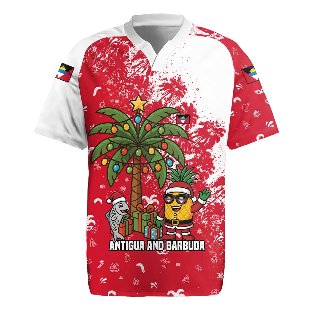 Antigua and Barbuda Christmas Rugby Jersey with Santa Pineapple Palm Tree Parrot and Gift Design - Wonder Print Shop