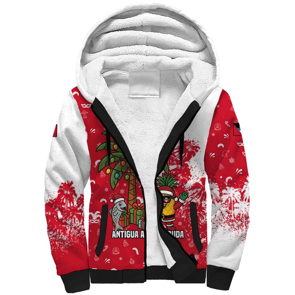 Antigua and Barbuda Christmas Sherpa Hoodie with Santa Pineapple Palm Tree Parrot and Gift Design - Wonder Print Shop
