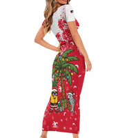 Antigua and Barbuda Christmas Short Sleeve Bodycon Dress with Santa Pineapple Palm Tree Parrot and Gift Design - Wonder Print Shop