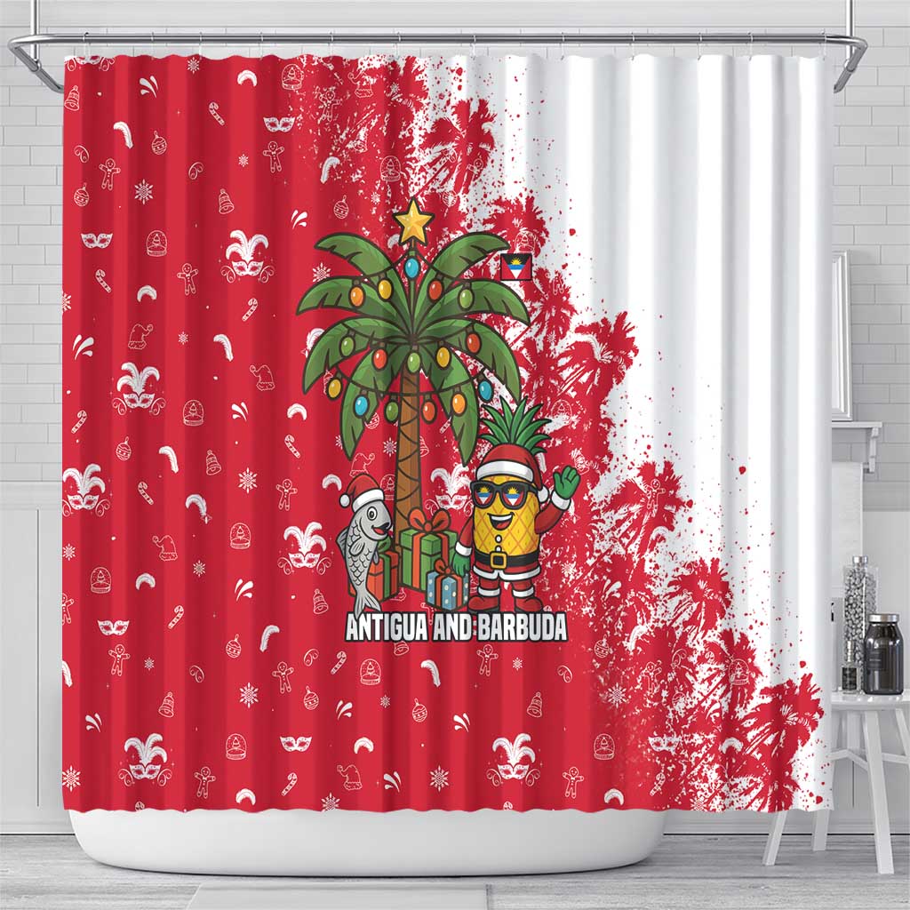 Antigua and Barbuda Christmas Shower Curtain with Santa Pineapple Palm Tree Parrot and Gift Design - Wonder Print Shop