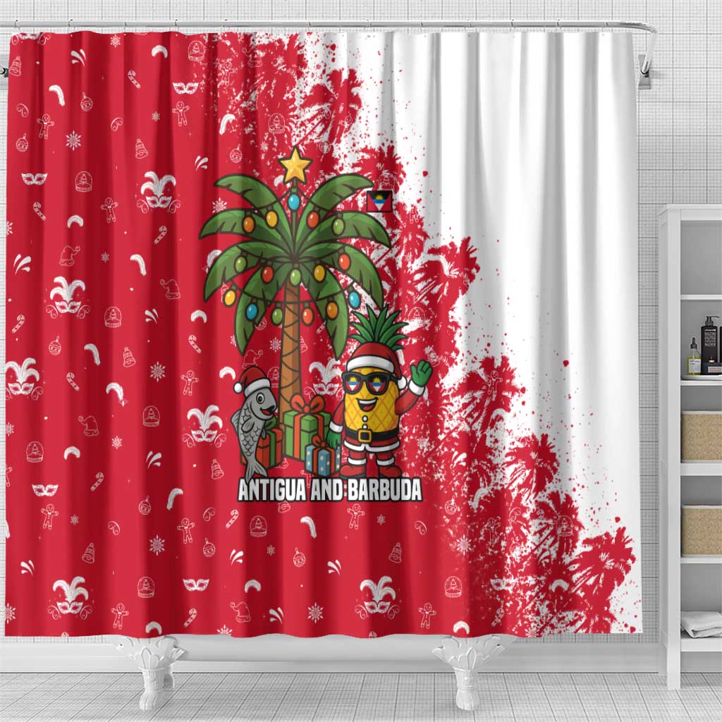 Antigua and Barbuda Christmas Shower Curtain with Santa Pineapple Palm Tree Parrot and Gift Design - Wonder Print Shop