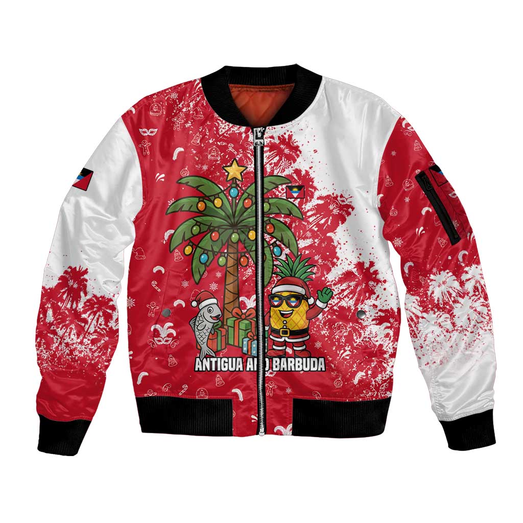 Antigua and Barbuda Christmas Sleeve Zip Bomber Jacket with Santa Pineapple Palm Tree Parrot and Gift Design - Wonder Print Shop