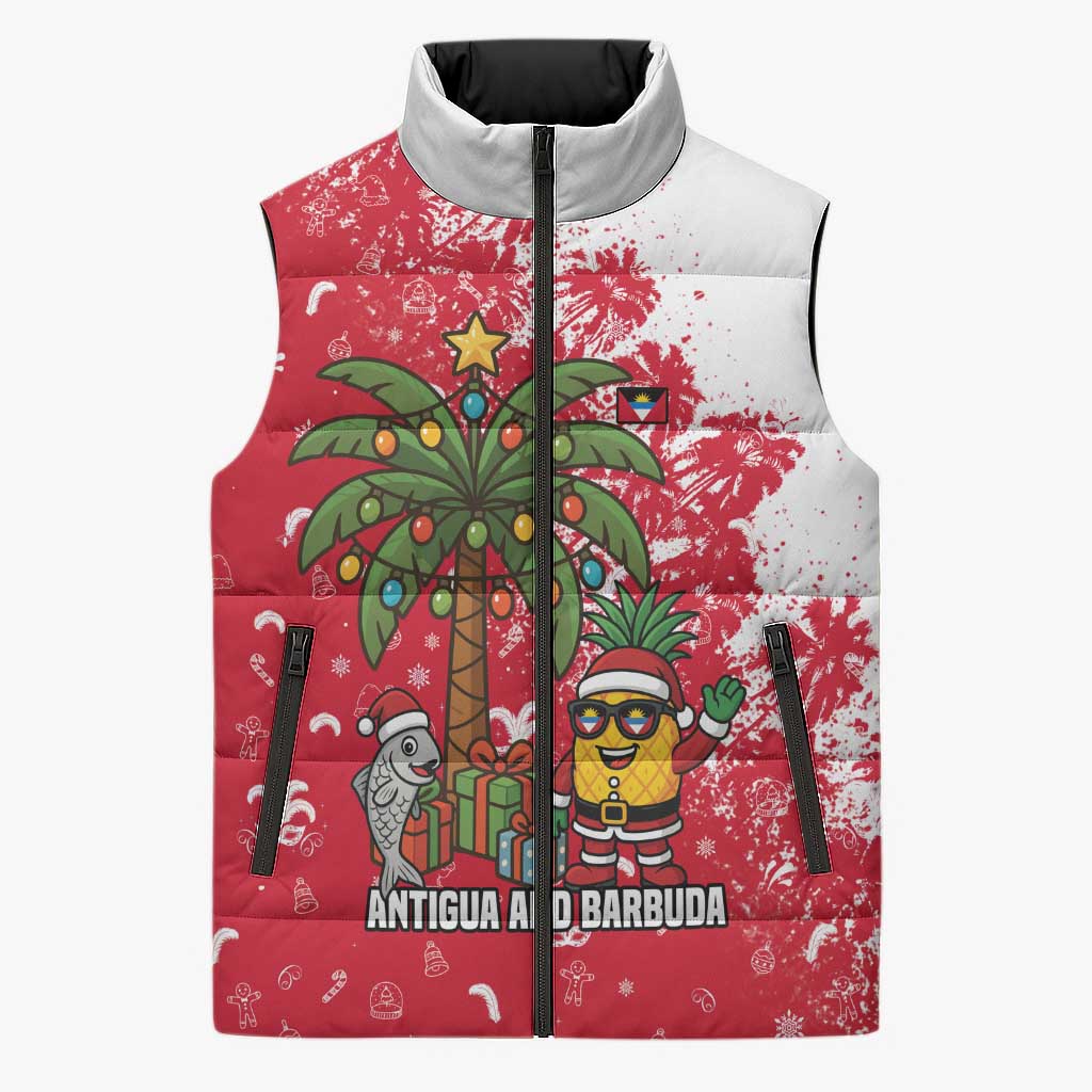 Antigua and Barbuda Christmas Sleeveless Puffer Jacket with Santa Pineapple Palm Tree Parrot and Gift Design - Wonder Print Shop