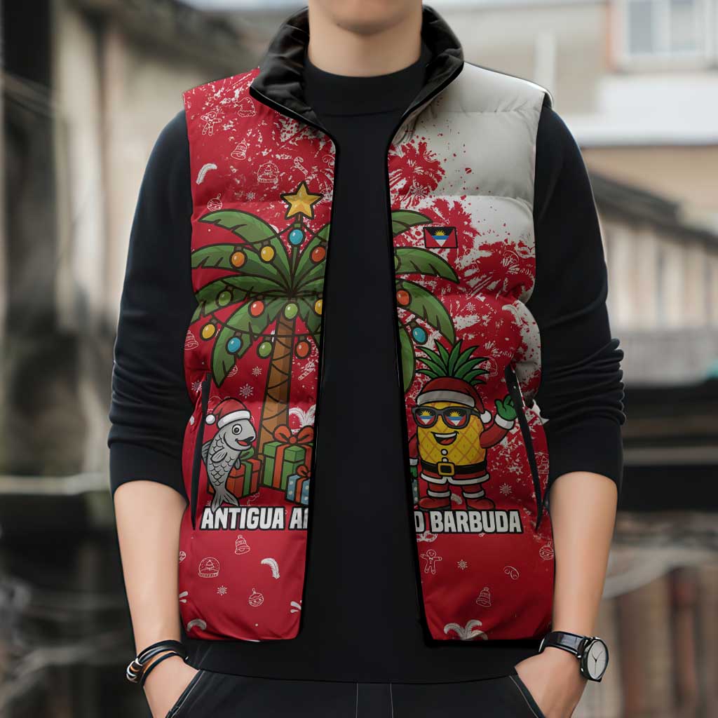 Antigua and Barbuda Christmas Sleeveless Puffer Jacket with Santa Pineapple Palm Tree Parrot and Gift Design - Wonder Print Shop