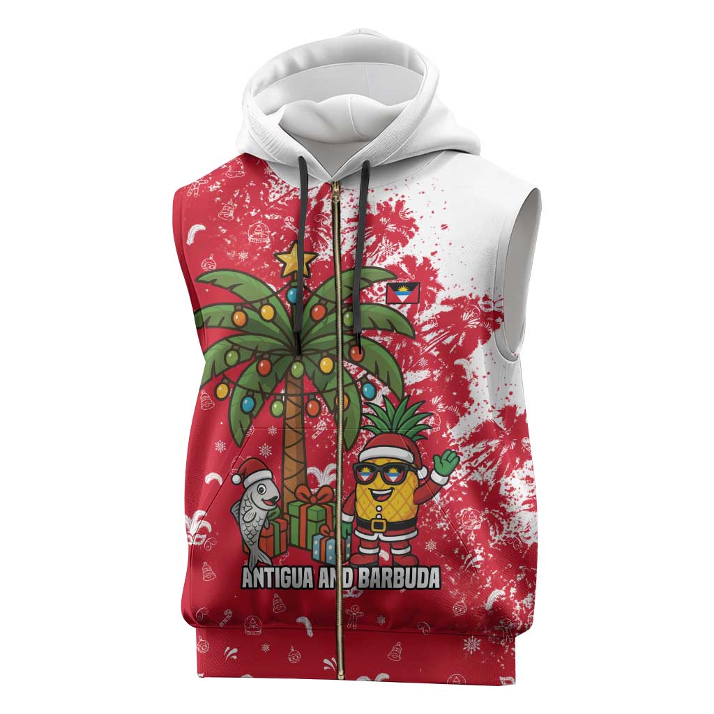 Antigua and Barbuda Christmas Sleeveless Zip Hoodie with Santa Pineapple Palm Tree Parrot and Gift Design - Wonder Print Shop