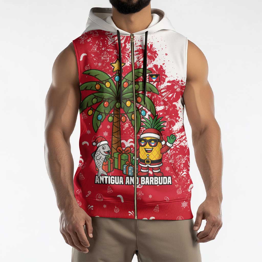 Antigua and Barbuda Christmas Sleeveless Zip Hoodie with Santa Pineapple Palm Tree Parrot and Gift Design - Wonder Print Shop