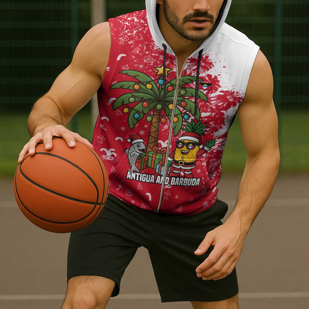 Antigua and Barbuda Christmas Sleeveless Zip Hoodie with Santa Pineapple Palm Tree Parrot and Gift Design - Wonder Print Shop
