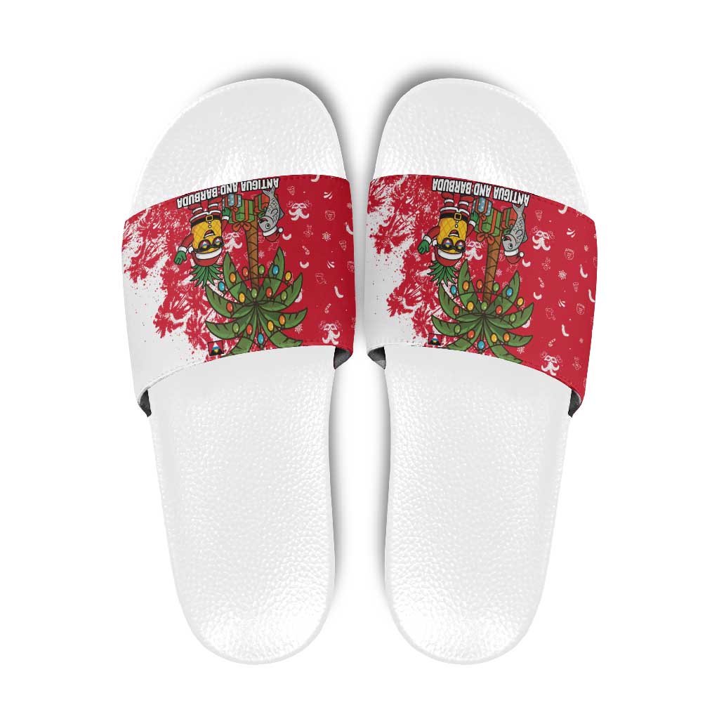 Antigua and Barbuda Christmas Slide Sandals with Santa Pineapple Palm Tree Parrot and Gift Design - Wonder Print Shop