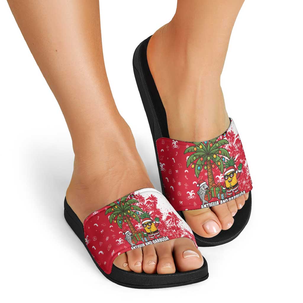 Antigua and Barbuda Christmas Slide Sandals with Santa Pineapple Palm Tree Parrot and Gift Design - Wonder Print Shop