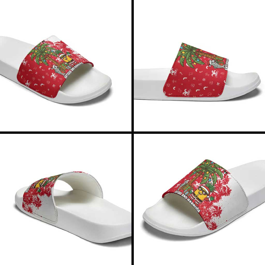 Antigua and Barbuda Christmas Slide Sandals with Santa Pineapple Palm Tree Parrot and Gift Design - Wonder Print Shop