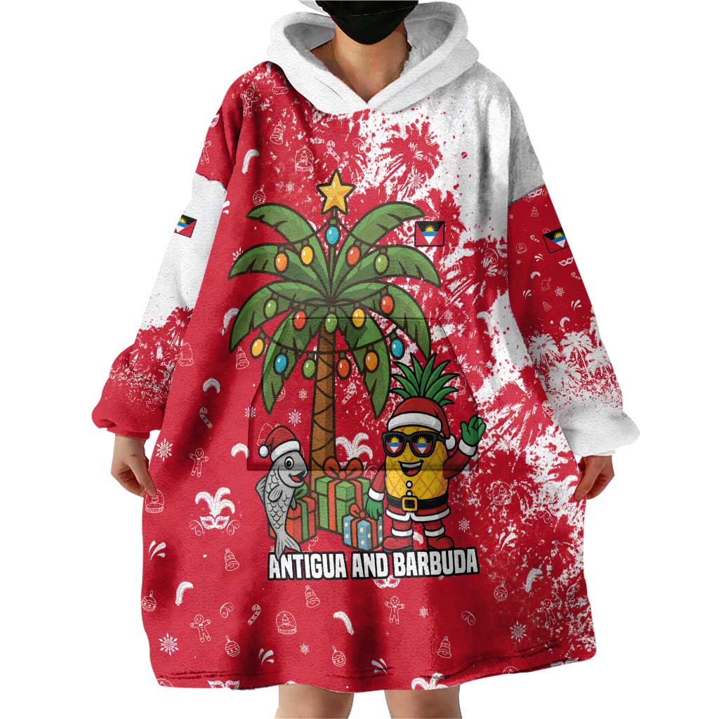 Antigua and Barbuda Christmas Wearable Blanket Hoodie with Santa Pineapple Palm Tree Parrot and Gift Design - Wonder Print Shop