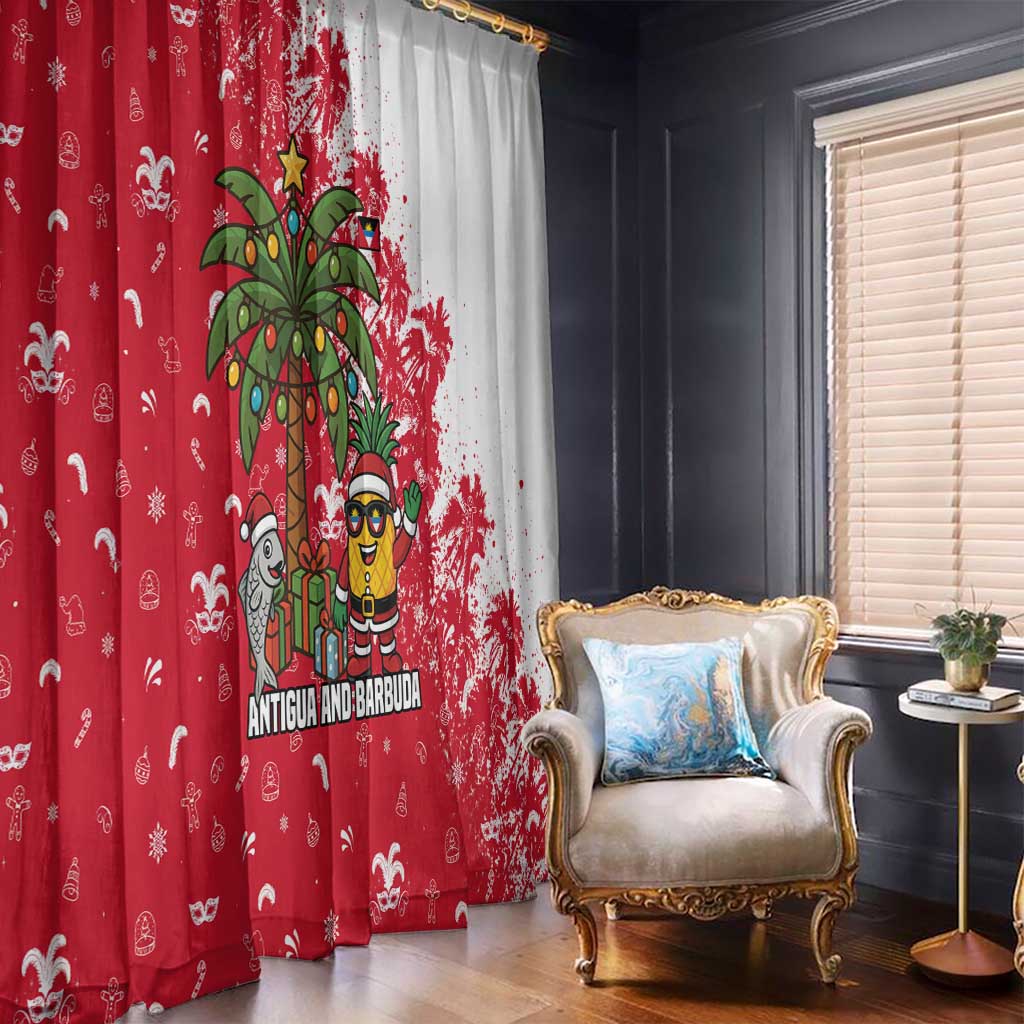 Antigua and Barbuda Christmas Window Curtain with Santa Pineapple Palm Tree Parrot and Gift Design - Wonder Print Shop