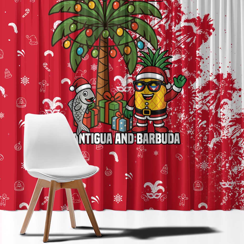 Antigua and Barbuda Christmas Window Curtain with Santa Pineapple Palm Tree Parrot and Gift Design - Wonder Print Shop
