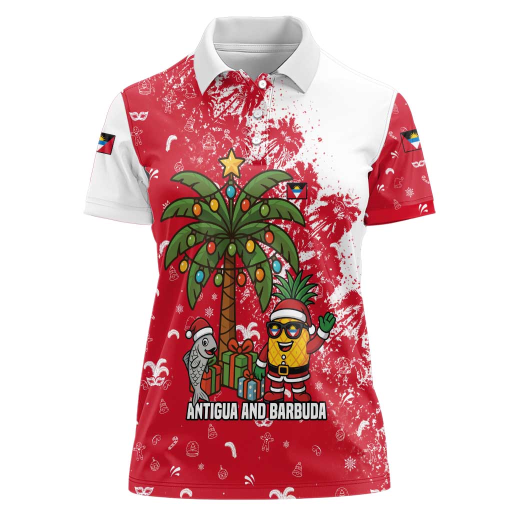 Antigua and Barbuda Christmas Women Polo Shirt with Santa Pineapple Palm Tree Parrot and Gift Design - Wonder Print Shop