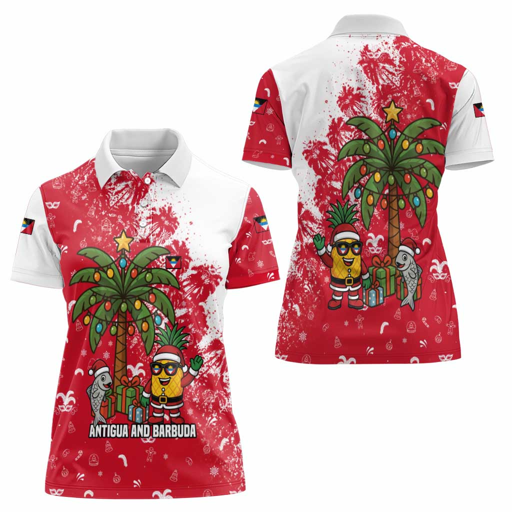Antigua and Barbuda Christmas Women Polo Shirt with Santa Pineapple Palm Tree Parrot and Gift Design - Wonder Print Shop