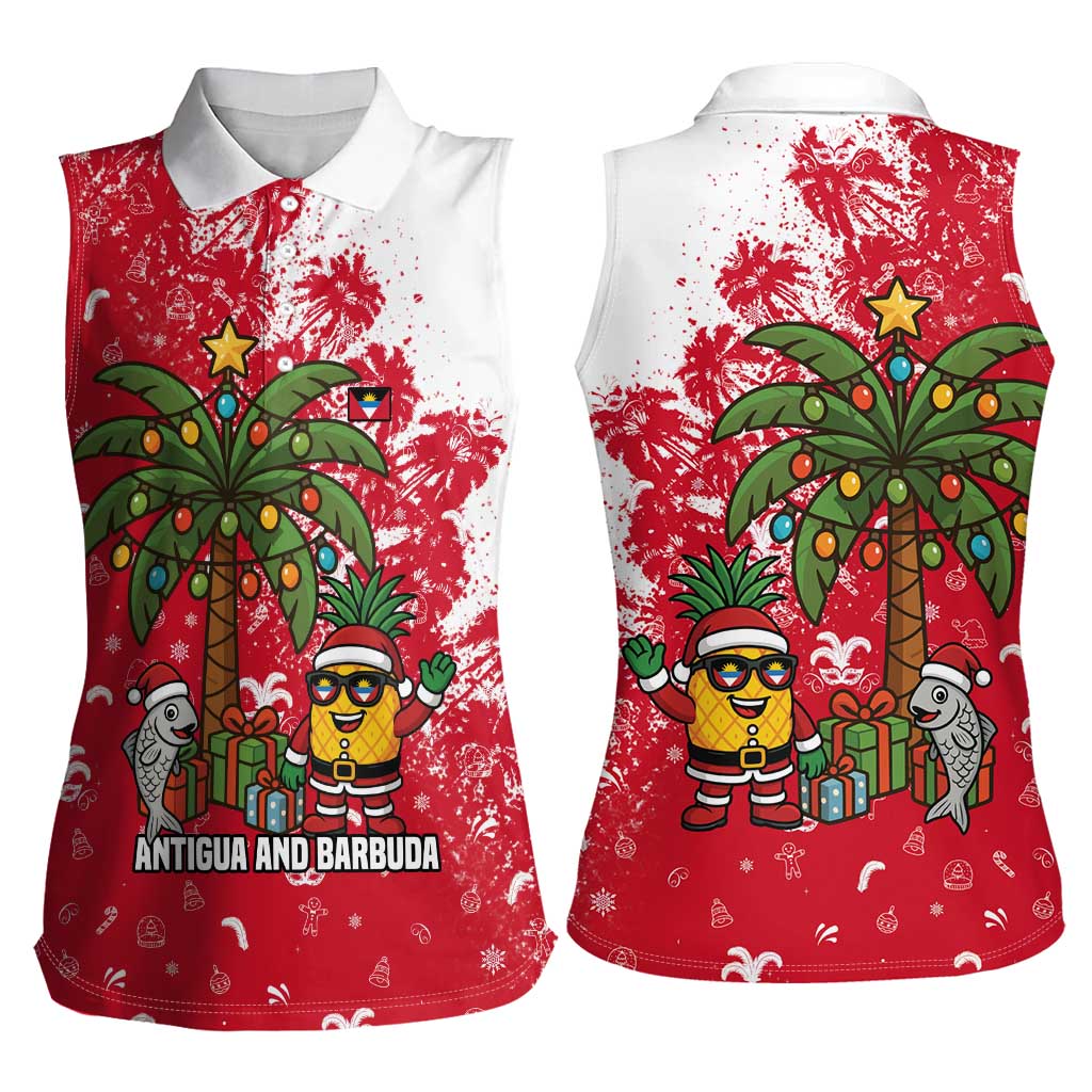 Antigua and Barbuda Christmas Women Sleeveless Polo Shirt with Santa Pineapple Palm Tree Parrot and Gift Design - Wonder Print Shop