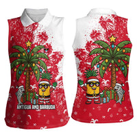 Antigua and Barbuda Christmas Women Sleeveless Polo Shirt with Santa Pineapple Palm Tree Parrot and Gift Design - Wonder Print Shop