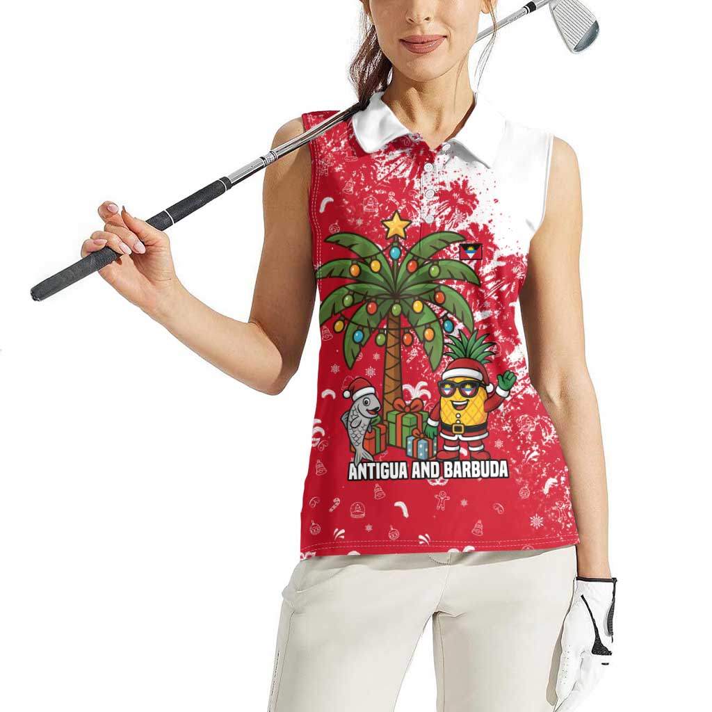 Antigua and Barbuda Christmas Women Sleeveless Polo Shirt with Santa Pineapple Palm Tree Parrot and Gift Design - Wonder Print Shop
