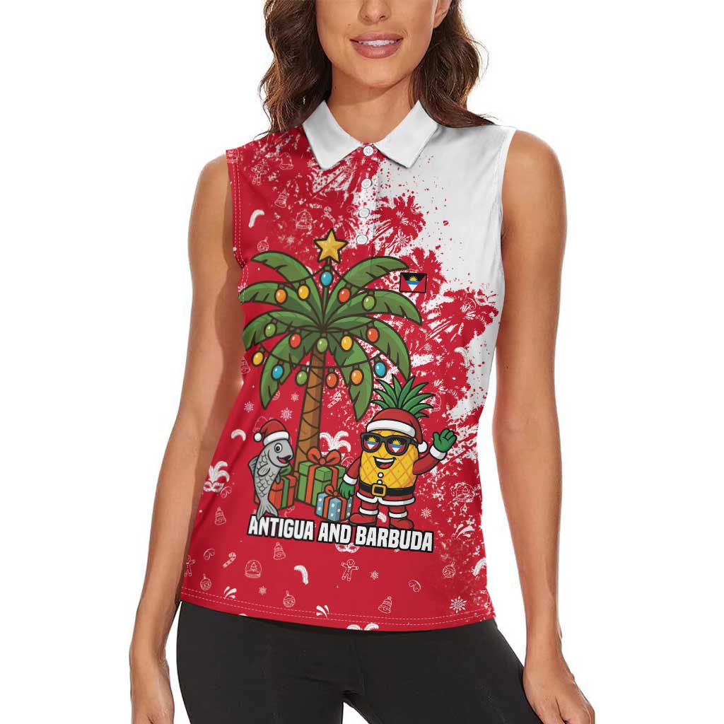 Antigua and Barbuda Christmas Women Sleeveless Polo Shirt with Santa Pineapple Palm Tree Parrot and Gift Design - Wonder Print Shop