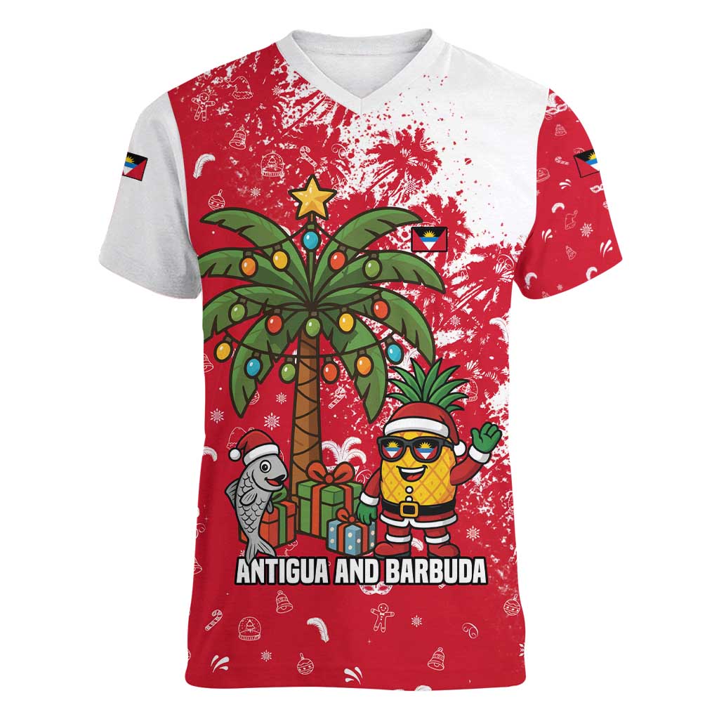 Antigua and Barbuda Christmas Women V-Neck T-Shirt with Santa Pineapple Palm Tree Parrot and Gift Design - Wonder Print Shop
