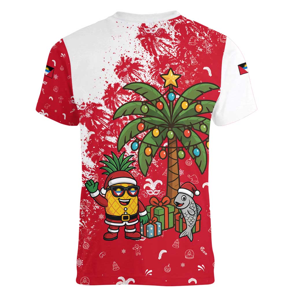 Antigua and Barbuda Christmas Women V-Neck T-Shirt with Santa Pineapple Palm Tree Parrot and Gift Design - Wonder Print Shop