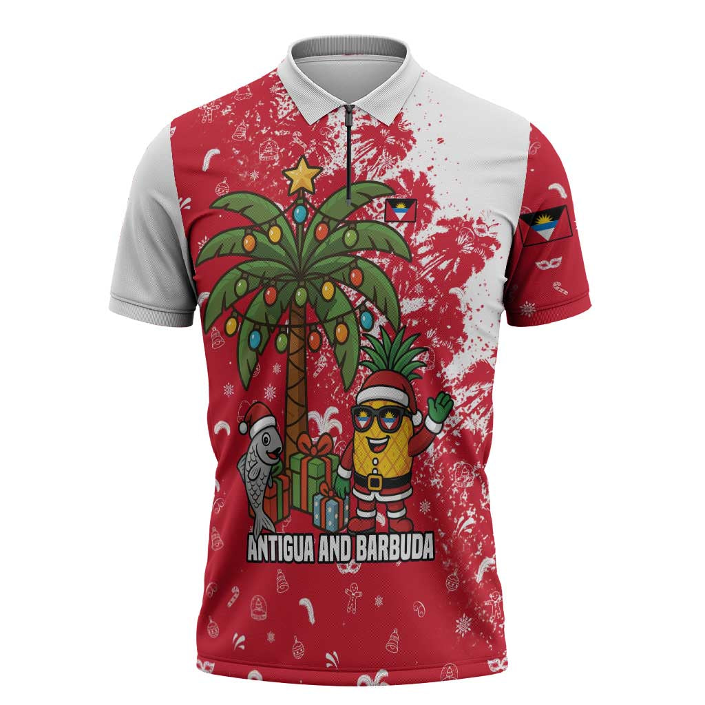 Antigua and Barbuda Christmas Zipper Polo Shirt with Santa Pineapple Palm Tree Parrot and Gift Design - Wonder Print Shop