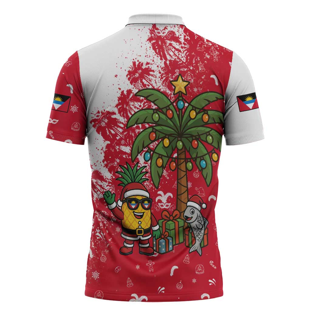 Antigua and Barbuda Christmas Zipper Polo Shirt with Santa Pineapple Palm Tree Parrot and Gift Design - Wonder Print Shop